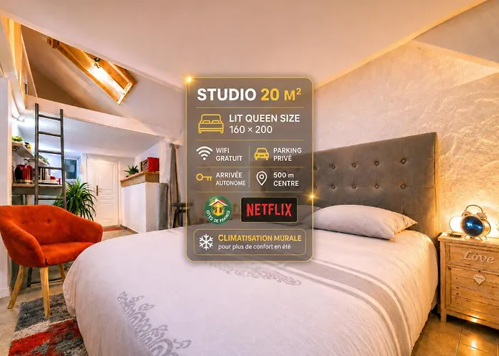 Studio atypique climatisé, Lit Queen Size, Netflix, parking, 500m centre